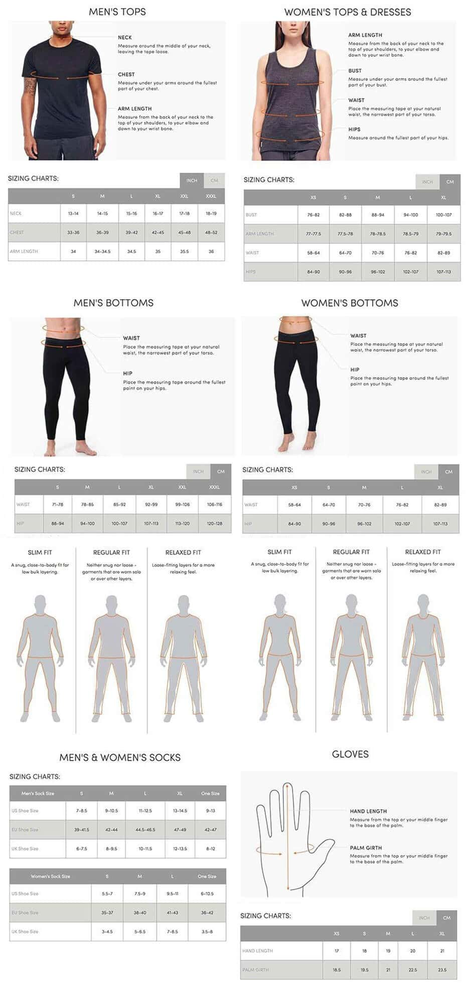 Sizing Women's and Men's sizing measurements